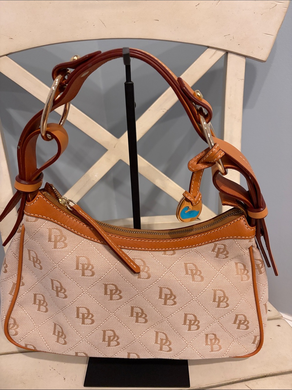 Dooney & Bourke Beige & Tan Quilted Monogram Shoulder Bag
